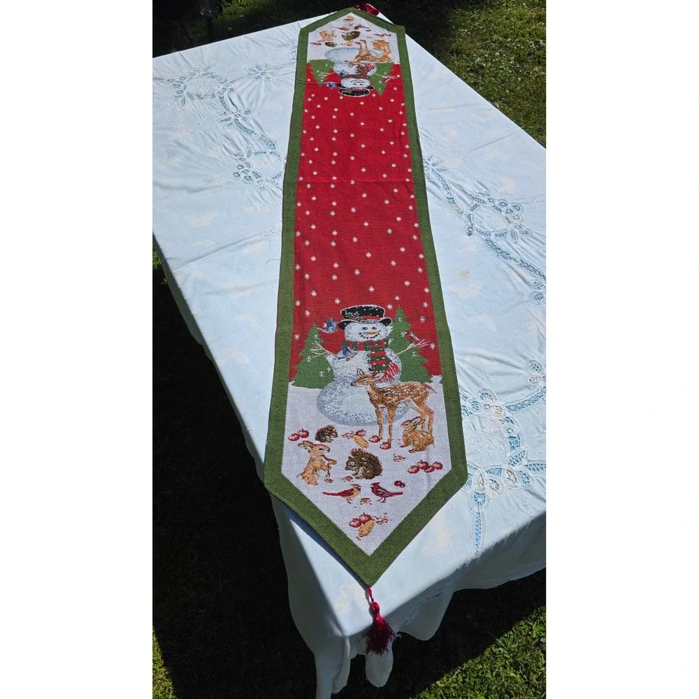 Christmas Table Runner Snowman Holiday Embroidered‎ Tassel Woodland Creatures